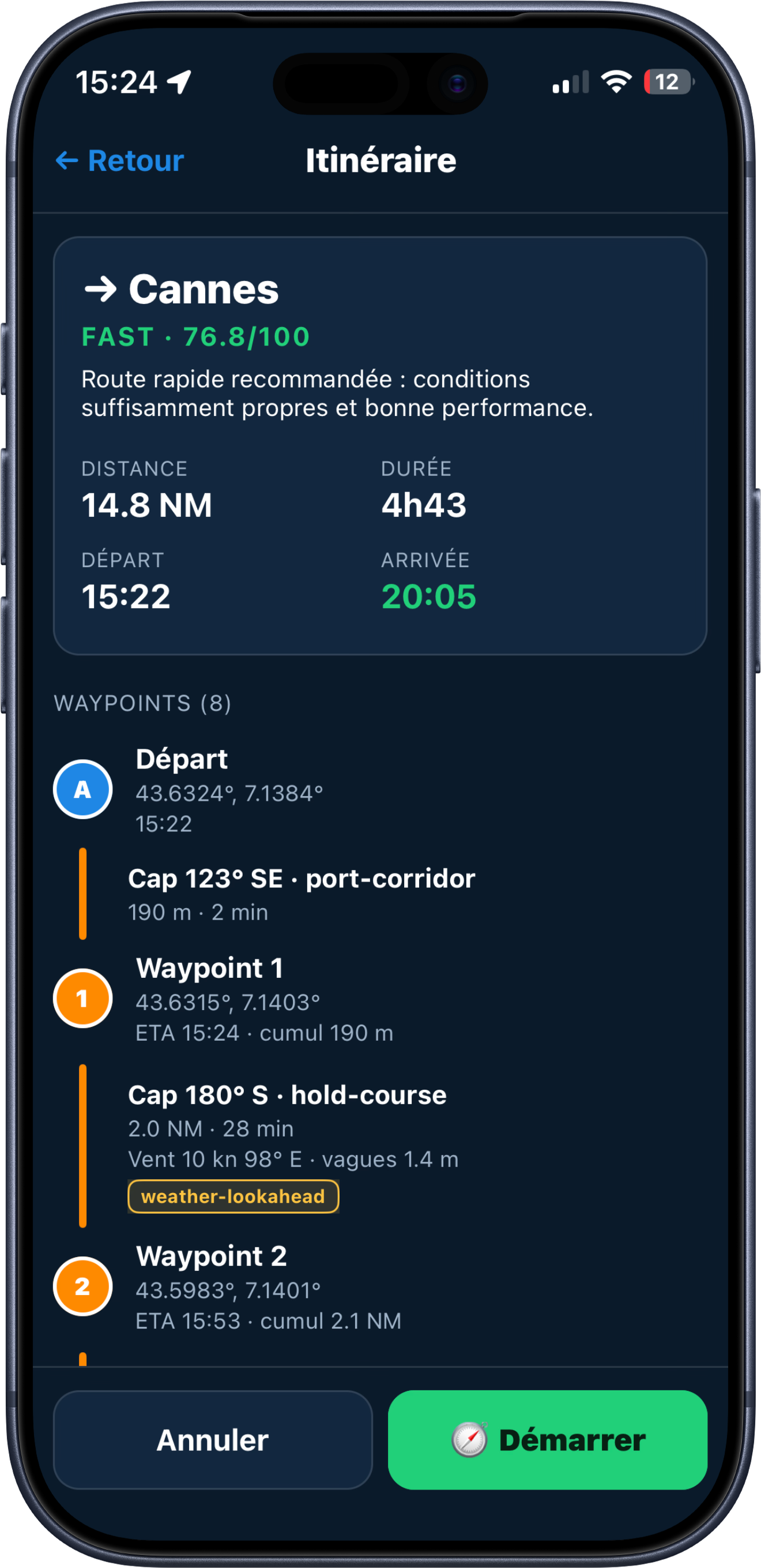 Interface de navigation côtière Naveo affichant le cap et les conditions météo